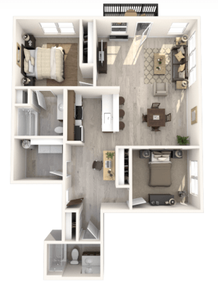 Floor plan for 2 beds, 2 baths, 1153 sqft